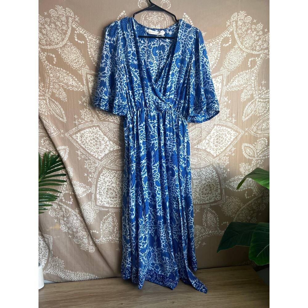 Natalie Martin 100% Silk Blue & White Floral Midi Dress with Slit